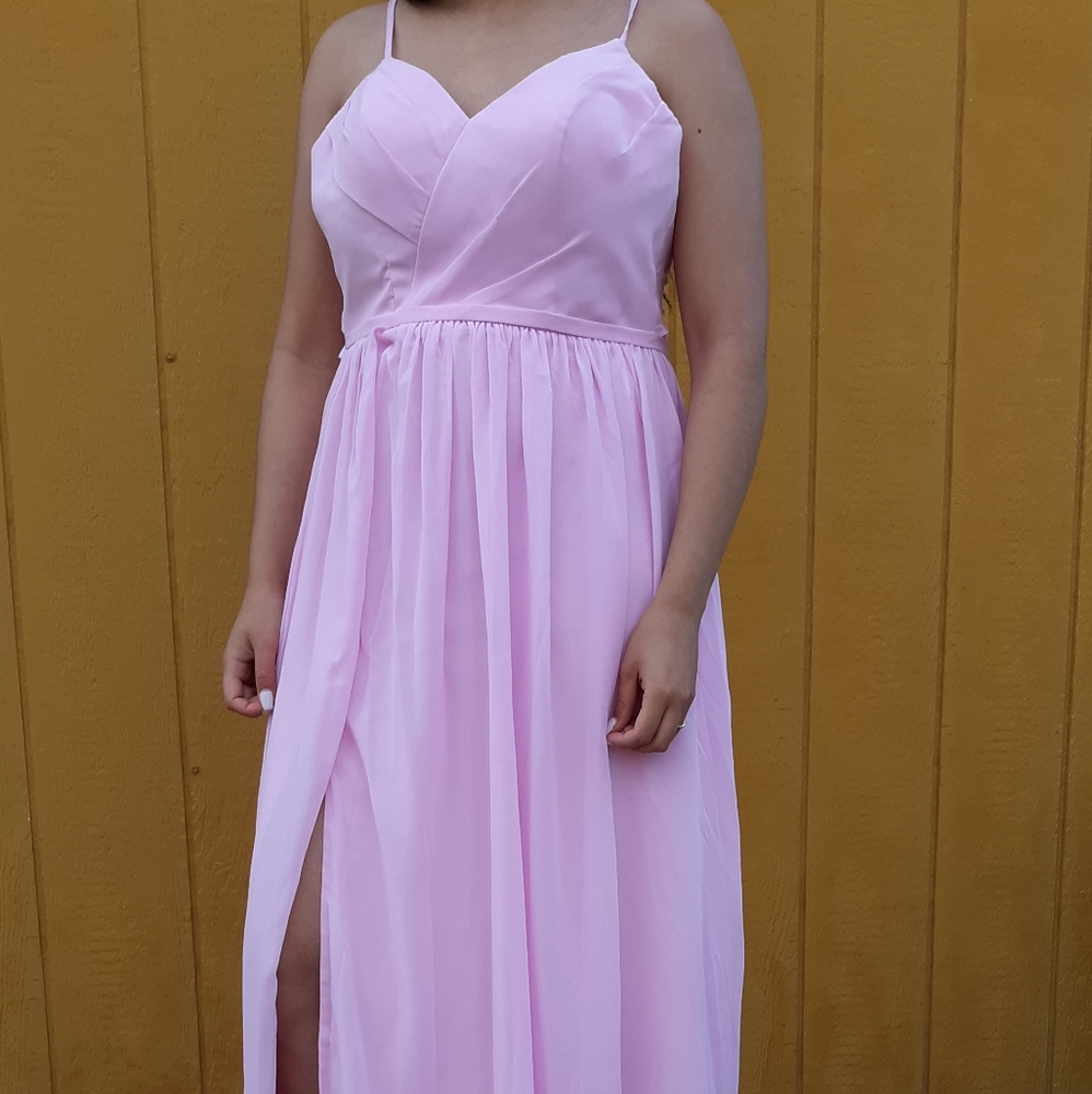 Pink Chiffon Bridesmaid Dress with Leg Slit